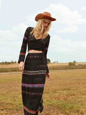 Aldo Martins Black Maxi Skirt with Multicolor Embroidered Stripes